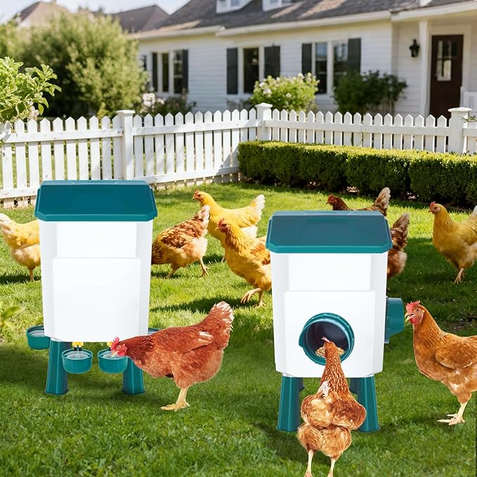 Chicken Feeder and Waterer Set with 2 Gallon/17.6 Pounds, Automatic Chick Feeder and Waterer Set No Waste， Poultry Feeder Large for Hens/Ducks/Poultry