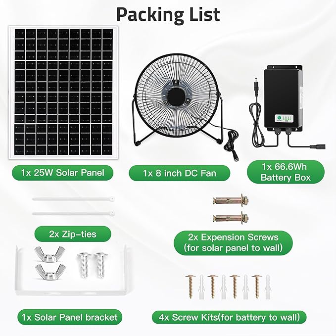 8" Solar Rechargeable Fan, 25W Solar Powered Floor Fan with 66.6 Wh Battery Backup for Outdoor Greenhouse, Chicken Coop, Pet House Air Circulation Cooling