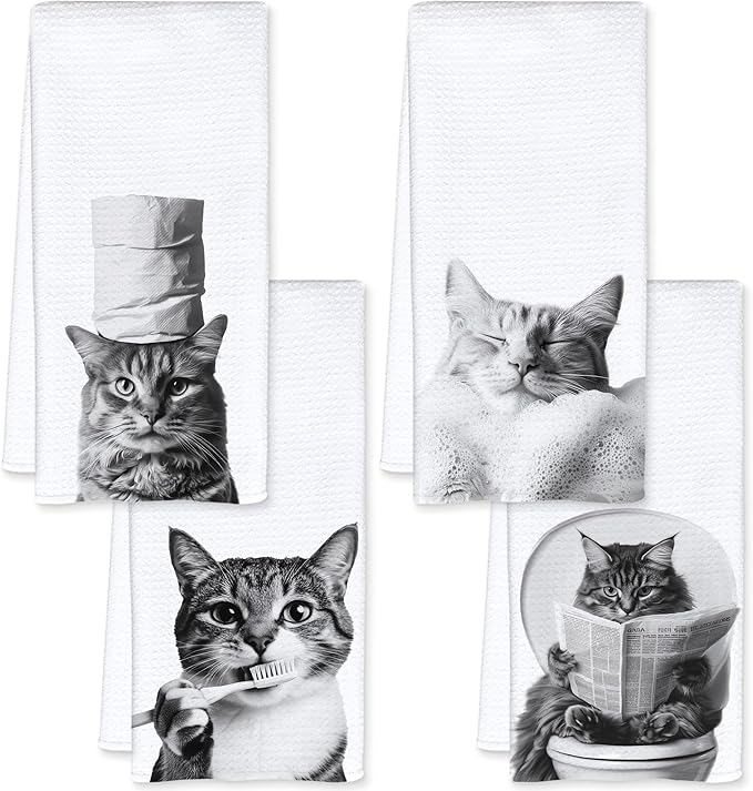 Cat Bathroom Decor Hand Towels, Cat Gifts for Women, Pet Lovers Gifts, Black and White Cute Kitten Hand Towels for Bathroom Washroom Restroom Decor, 16x24 Inch, Set of 4