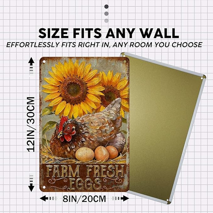 Farm Fresh Eggs Tin Sign Vintage Chicken Hen Rooster Sunflower Metal Sign Nostalgic Rustic Chicken Lovers Wall Decor Decorations for Home Farmhouse Poultry House Coop Yard Kitchen 12 * 8In