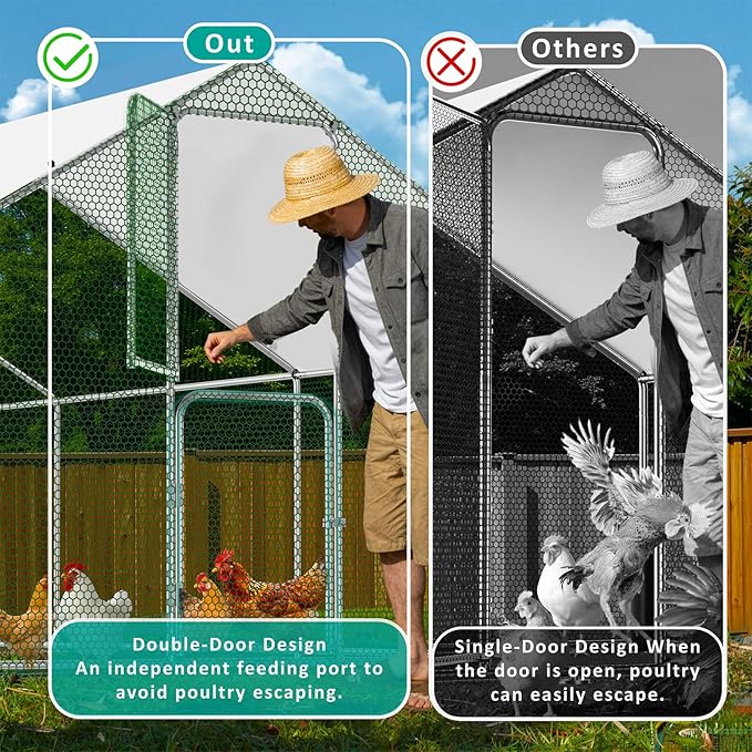 Large Metal Chicken Coop, Walk-in Chicken Run with Feeding Door, Security Lock and Cover, Outdoor Duck/Rabbit Cage Poultry Pen for Backyard, Farm, Yard (Silver - Spire Roof, 19.7 x 9.8 x 6.5 FT)
