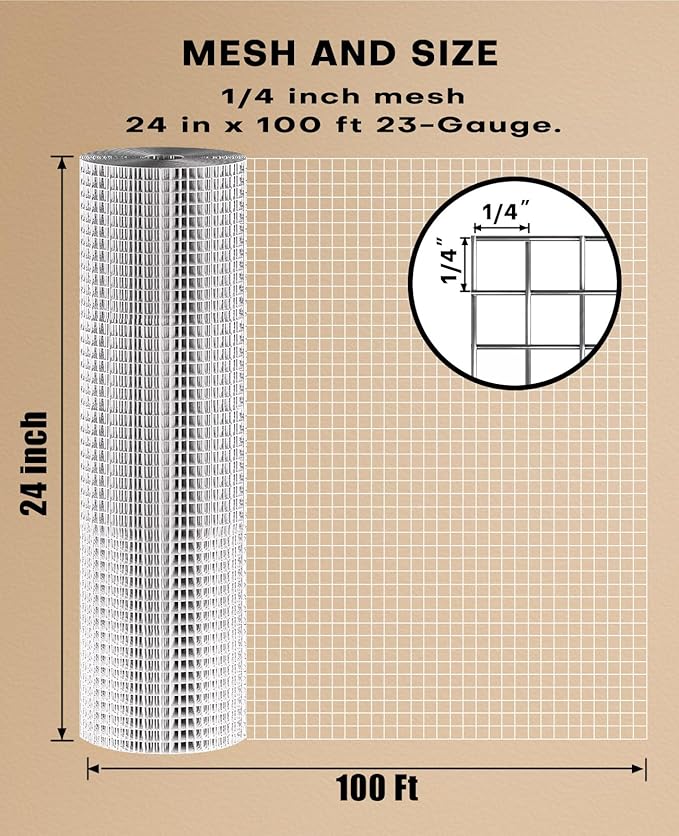 Hardware Cloth 1/4 Inch 24'' x 100' 23-Gauge, Hot-Dip Galvanized After Welding Steel Mesh for Chicken Run, Garden Protection | Rustproof, Strong Welds, Easy DIY Installation