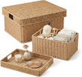 Wicker Storage Basket with Lid - Woven Storage Basket for Organizing,Rectangular Decorative Boxes Bins with Lids for Shelves, living room, Nursery, 2-Piece Set(Natural)