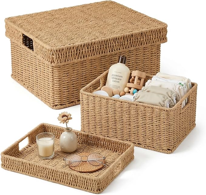 Wicker Storage Basket with Lid - Woven Storage Basket for Organizing,Rectangular Decorative Boxes Bins with Lids for Shelves, living room, Nursery, 2-Piece Set(Natural)