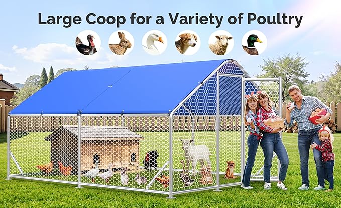Large Metal Chicken Coop with Hexagonal Chicken Wire, Chicken Coop Run Pen for Yard with Waterproof Cover, Outdoor Large Walk-in Chicken Coops for 20 Chickens Duck Pen House Cage Run