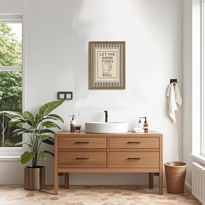 Framed Let The Good Times Roll Bathroom Print, Vintage Funny Toilet Quote Canvas Wall Art, Stripes Bathroom Picture Poster, Downstairs Toilet Painting Wall Decor 16x24 inch