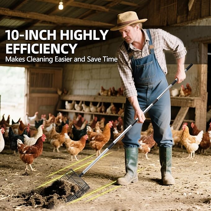 PUPTECK 5-in-1 Chicken Poop Scooper - Adjustable Long Handle Poop Scooper with Deep Shovel, Detachable Heavy Duty Shovel Multifunctional Chicken Cleaning Tool Coop Accessories(23"-68")