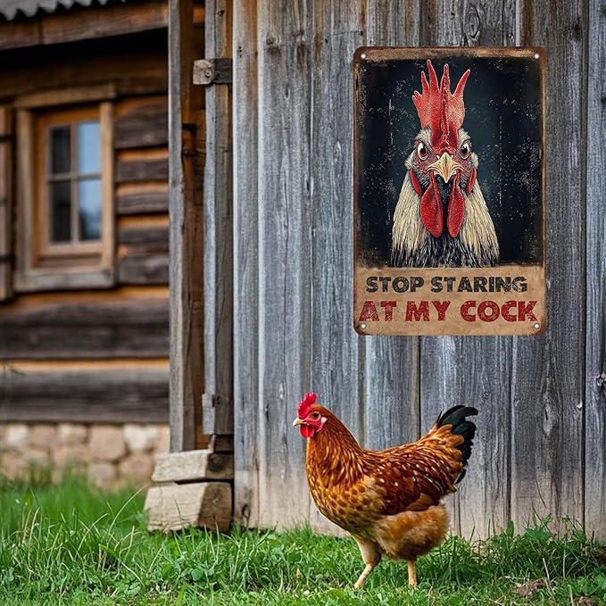 Vintage Farm Sign Chicken Stop Staring At My Cock Farmhouse Metal Tin Sign 12x8 Inch Home Wall Decor