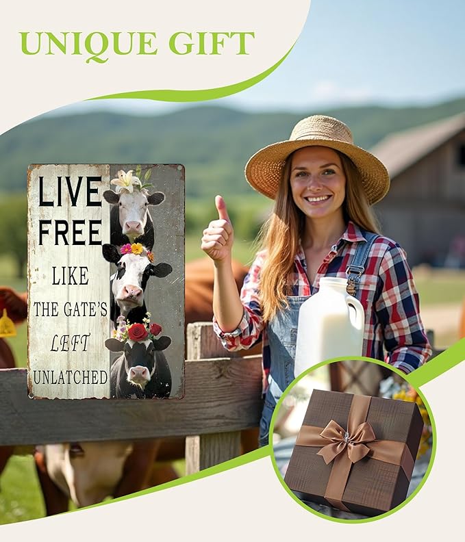 8x12-In Vintage Cow Decor Sign – ‘LIVE FREE LIKE THE GATE'S LEFT UNLATCHED’ – Funny Rustic Metal Wall Plaque for Kitchen, Porch, Cow Shed – Waterproof Gift for Cow Lovers & Moms