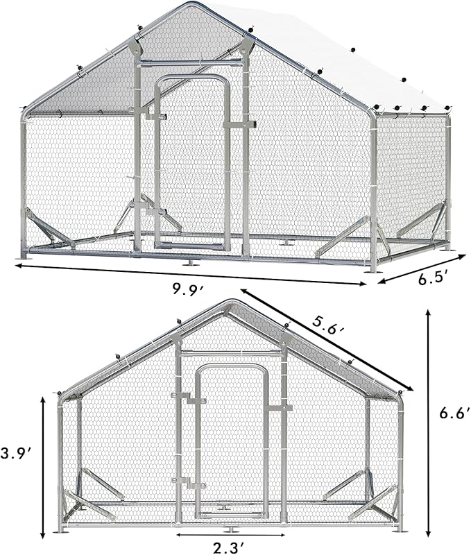 LEMBERI Metal Chicken Coop Spire Roof Walk in Chicken Run Pen for 6 Chickens, Galvanized Rabbits Duck Poultry Cage with Waterproof Cover for Outdoor,Backyard and Farm