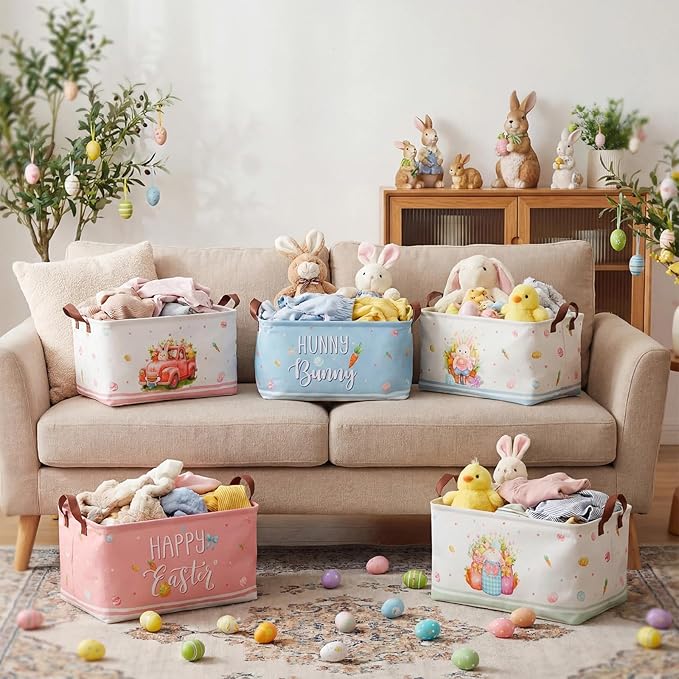 CHENGU 6 Pack Easter Storage Bin Collapsible Easter Basket for Gifts Bunny Eggs Holiday Decor Large Rabbit Basket Foldable Colorful Truck Box with Handle for Bedroom Office Home