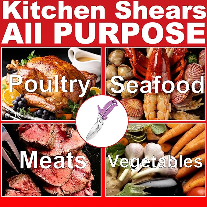 Heavy Duty Poultry Shears,Kitchen Shears for food Heavy Duty,Kitchen Scissors All Purpose,Rigid,Chicken,Fish,Meat,Easily Separable for Thorough Cleaning,Dishwasher Safe（PURPLE）