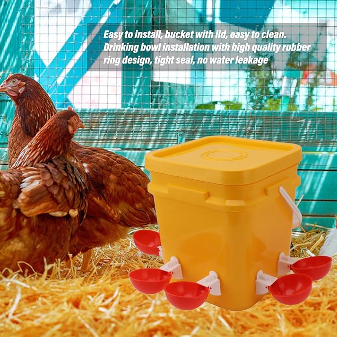 High Capacity Automatic Chicken Waterer Bowl with 12L Handheld Bucket Gravity Watering System for Quail, Easy Installation - Durable Plastic (Bucket + Big Red Bowl + Black Screws)