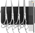 Dog Grooming Scissors,Silver with Safety Round Tips,5 in 1 Curved Dog Scissors for Grooming,Professional Pet Grooming Shears Set for Dogs and Cats