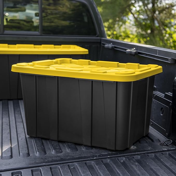 6-Pack 27-Gallon Heavy Duty Storage Bins, Stackable Plastic Container with Snap Lid, Organizer Tote for Garage, Attic, Closet, Basement, Truck Bed - Black and Yellow