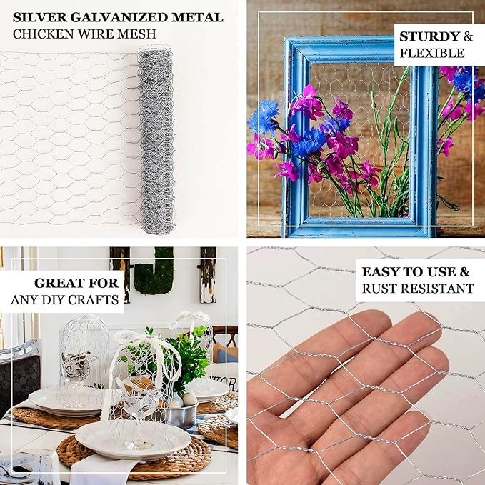 Efavormart Silver Galvanized Metal Hexagonal Chicken Wire Mesh, Garden Fence Poultry Netting DIY Craft Wire - 12" x16ft