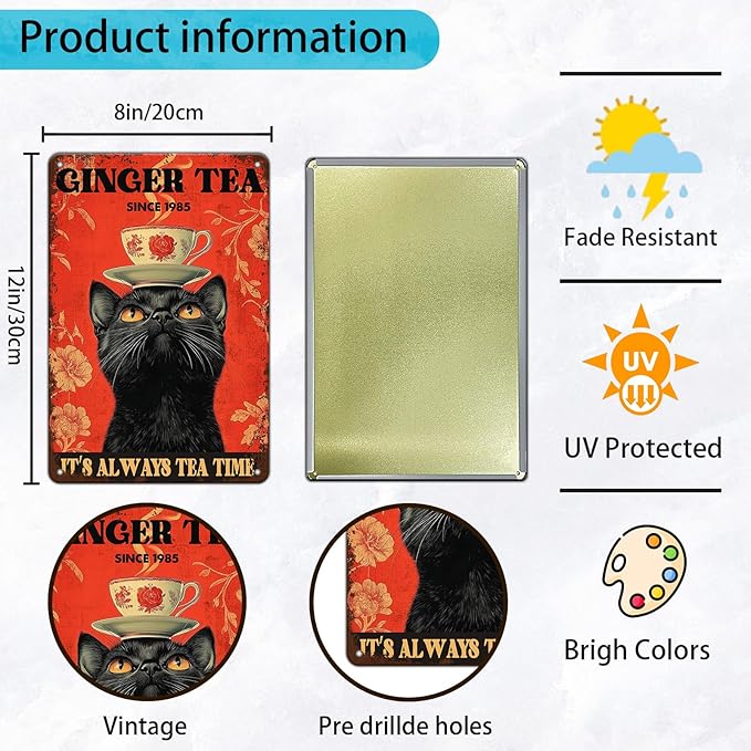 Funny Black Cat Tin Sign Ginger Tea It'S Always Tea Time Metal Sign Wall Decor For Home Cafe Bar Kitchen Poster 12x8 Inch