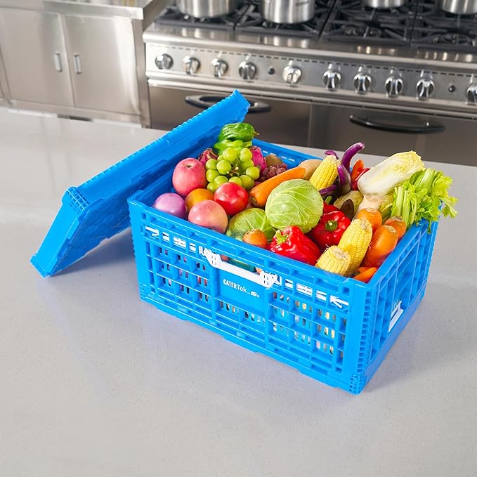 Restaurantware Plastic Milk Crates for Storage - Cater Tek Stackable Storage Buns for Organizing - Collapsible Storage Basket for Groceries, Home Supplies, Blue