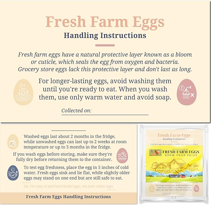 100 Pack Premium Fresh Farm Eggs Handling Instructions Care Accessories Cards Labels | Egg Blank Cartons 4 6 12 15 18 30 48 50 Count Basket Box Container Storing Extra Organizer -M06CH100