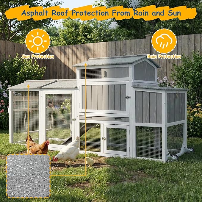 Wooden Chicken Coop with Wheels – Large Movable Outdoor Hen House with Waterproof Asphalt Roof, Nesting Box & Easy-Clean Tray Spacious Backyard Poultry Tractor (Grey, 77.4"L x 23.2"W x 39.2"H)