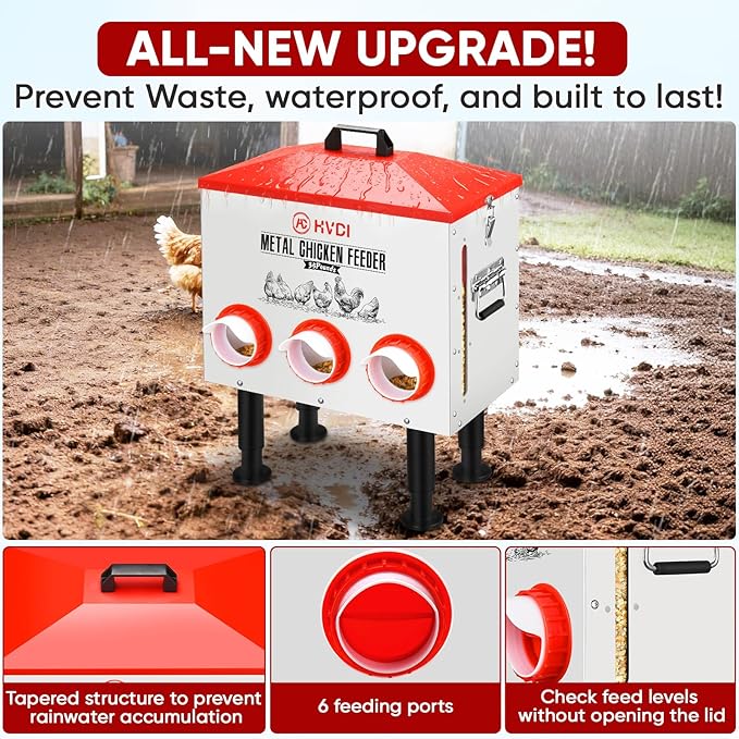HVDI 30lbs - 40lbs Large Automatic Chicken Feeder, Adjustable Stand, 6 Feeding Ports, Sloped Roof Rainproof Design Poultry Feeder (Small)