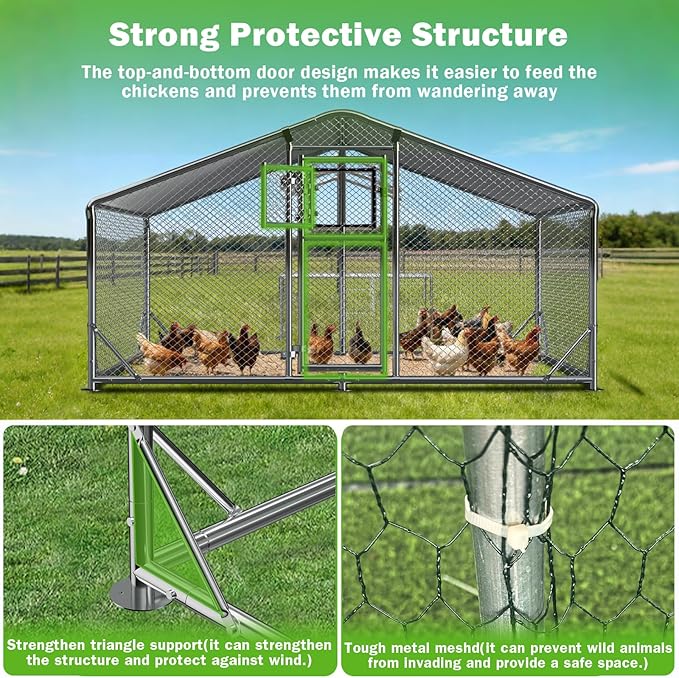10x6.5FT Metal Chicken Coop, Dutch Door Chicken Run with Chicken Perch, Cover and Hardware Cloth, Walk in Duck Pen for Backyard Poultry and Pet Farming