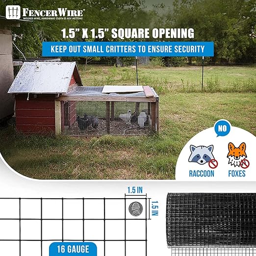 Fencer Wire 16 Gauge Hardware Cloth, Black Vinyl Coated Welded Wire Mesh, Chicken Coop Wire Fence, 1.5 inch x 1.5 inch Grid (2 ft. x 50 ft.)