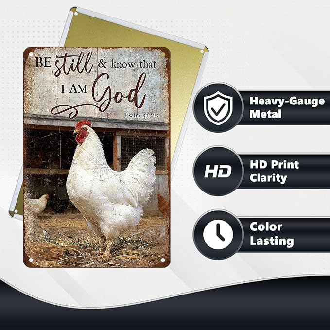 Chicken Signs Rooster Kitchen Decor Be Still And Know That I Am God Tin Signs Vintage Coop Metal Decor Rustic Wall Art For Home Farmhouse Farm Room Poultry House Outdoor Yard Cafe 12 * 8 In