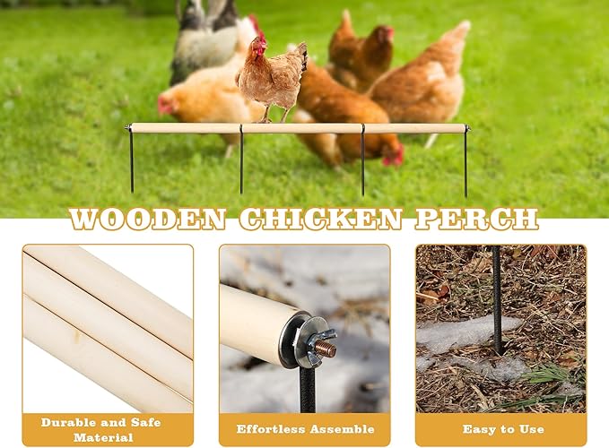 Chicken Coop Accessories, Extra Long Wooden Chicken Roosting Perch with Metal Stakes, Roosting Bars for Chickens in Coop, Chicken Enrichment Toys