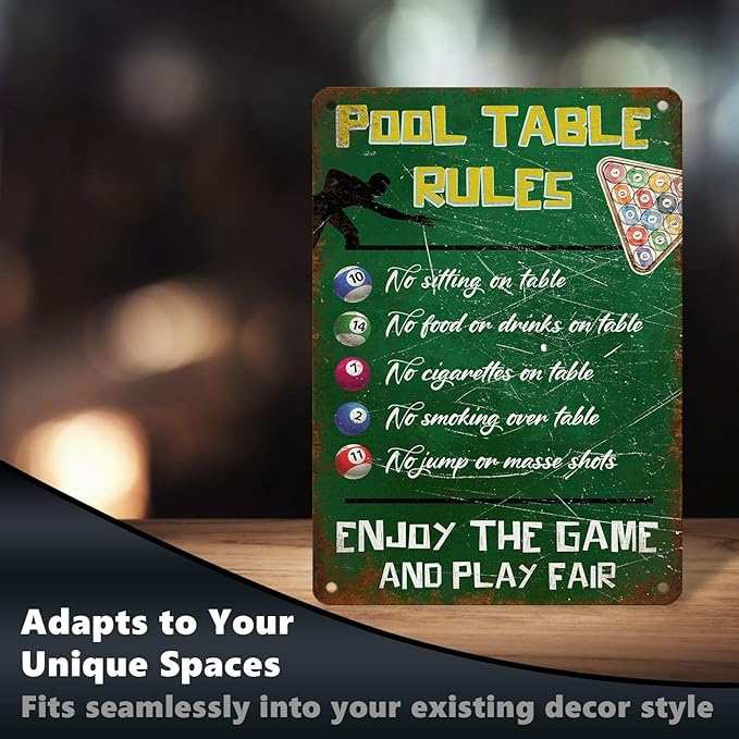 Retro Pool Table Rules Tin Sign Vintage Metal Poster Nostalgic Wall Art Bar Pub Man cave Shop Living Room Bedroom Game Room 16 * 12 In
