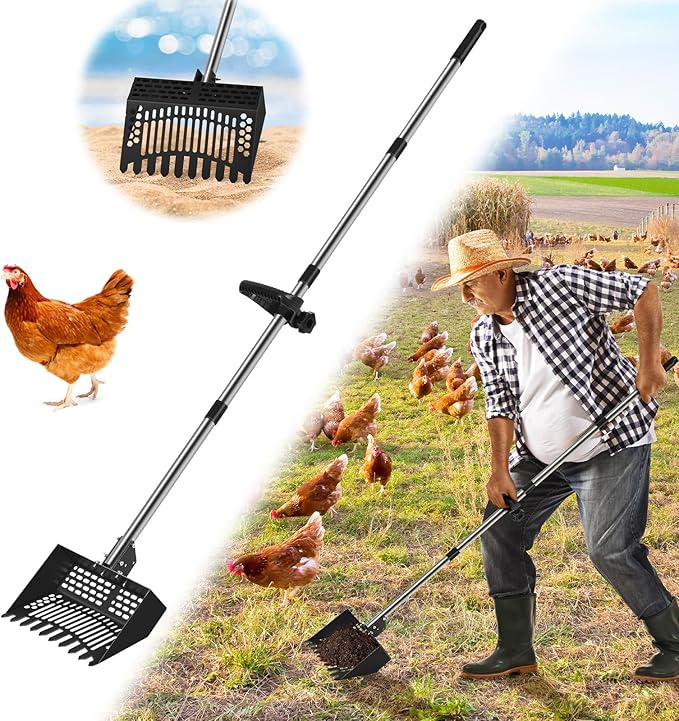Chicken Poop Scooper & Rake, 2-in- Metal Litter Scoop Sand Sifting Shovel with 28" to 55" Adjustable Stainless Steel Handle for Chicken Coop Accessories/Supplies, Farm, Sheep Pen, Cat Litter, Black