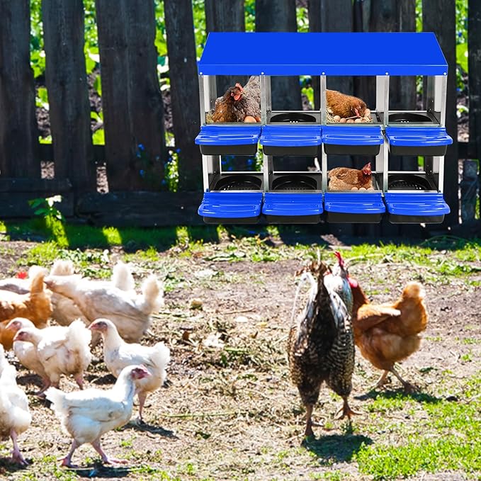 Chicken Nesting Boxes for Chickens,8 Hole Metal Roll Away Nest Box for Chicken Coop,Chickens Laying Egg, Lid Cover to Protect Eggs,Easy Egg Collection,Hen Roosting Boxes,Blue