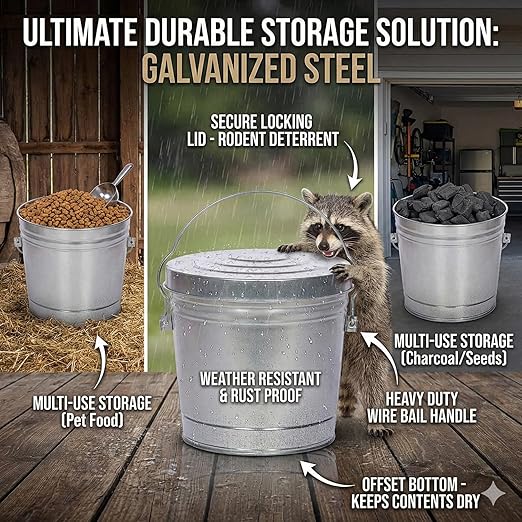 6 Gallon Galvanized Steel Storage Can with Locking Lid – Heavy Duty Metal Pail for Pet Food, Bird Seed, Ash & Charcoal, Rust Resistant & Weatherproof Outdoor Bin