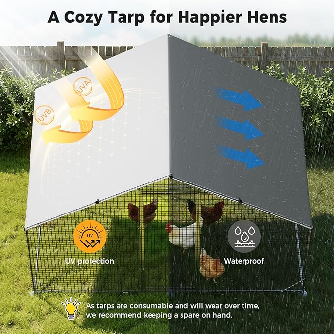 Metal Chicken Coop with Run, 9.8x6.6x6.6ft Walk-in Chicken Run for Yard with Cover, Upgrade Double Lock & Rust-Proof Mesh, Stainless Steel Ties, Easy Assembly, Chicken Pen for Ducks, Rabbits