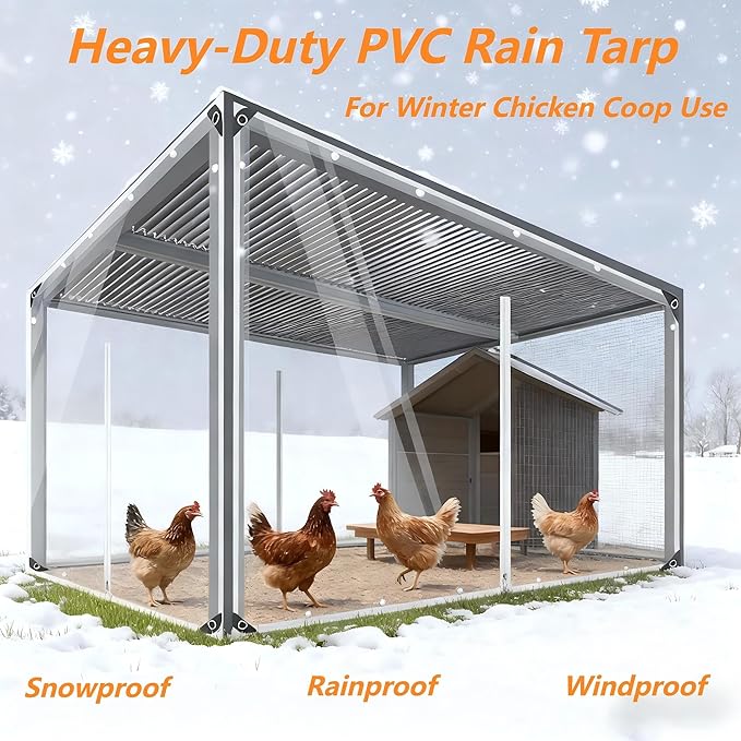 Clear Cover PVC for Poultry, Heavy Duty Vinyl Waterproof Chicken Coop Covers for Winter, Chicken Coop Winter Wrap with Elastic Cords & Grommets Windproof Transparent Coop Cover (8 × 10 ft)