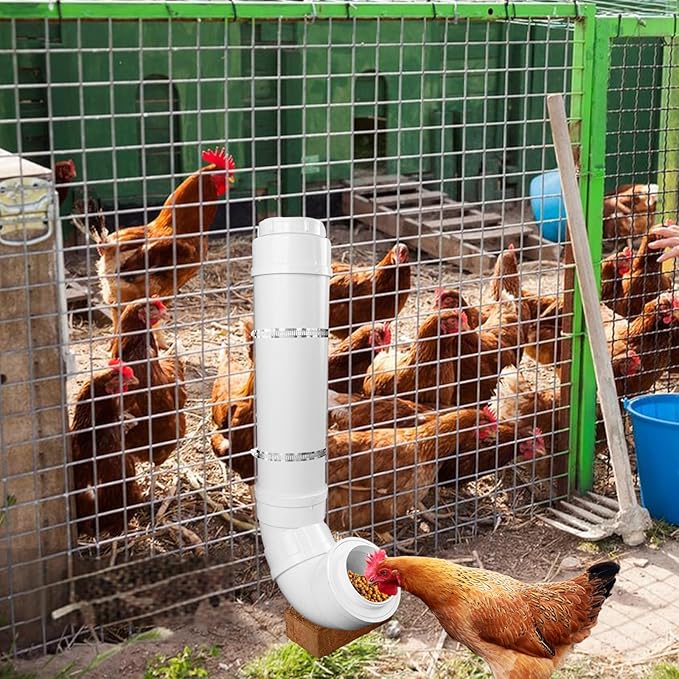 Automatic Chicken Feeder with 2 Covers Duty PVC Pipe No Waste Chicken Coop Feeder 6.6 Pounds Large Chicken Feeder Hanging Chicken Feeder