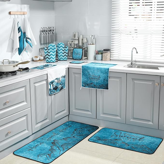 10 Pcs Landscape Kitchen Dish Towels Rugs Oven Mitts and Pot Holders Set Farmhouse Kitchen Decor Set for Women Mom Daughter Gift Cooking Baking Grilling (Ocean Green)