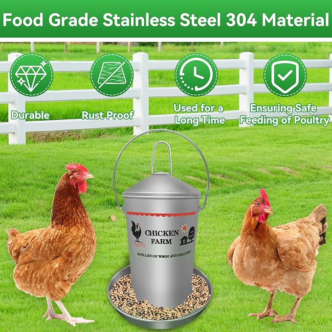 8.8 Lb Stainless Steel Poultry Feeder, Automatic Chicken Feeder No Waste, Hanging Chicken Feeder Heavy Duty Reliable Long-Lasting with Handle, Top Filled