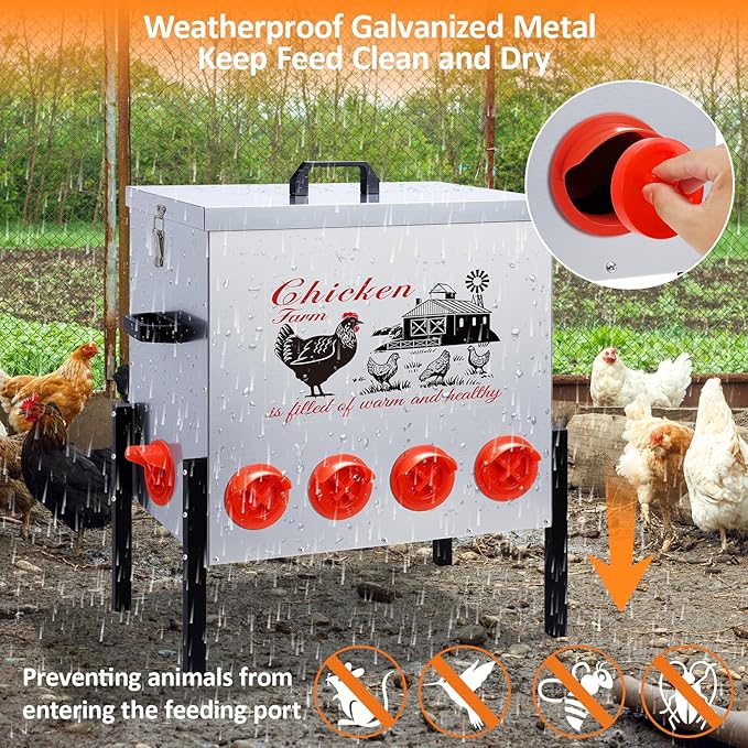 100 LB Automatic Chicken Feeder 10 Port L No-Waste Ports Heavy-Duty Outdoor Metal Feeder with Adjustable Height,Locking Lid & Riveted Handles,Rustproof Feed Box for Poultry & Backyard