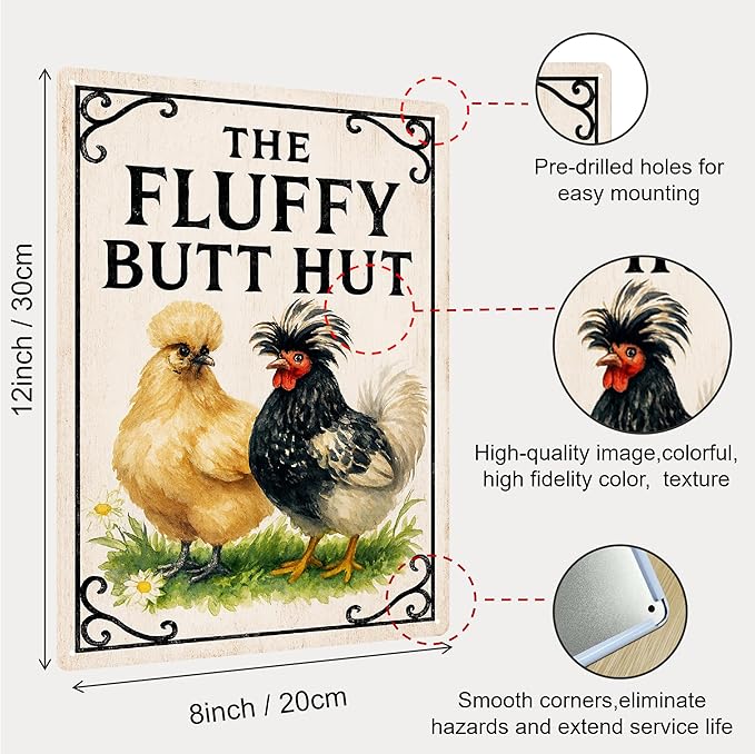 The Fluffy Butt Hut Sign -Funny Chicken Coop Signs for Home, Garden, Yard, Metal Chicken Decorations Outdoor, Farmhouse Wall Art Gifts for Women- 8x12 Inch
