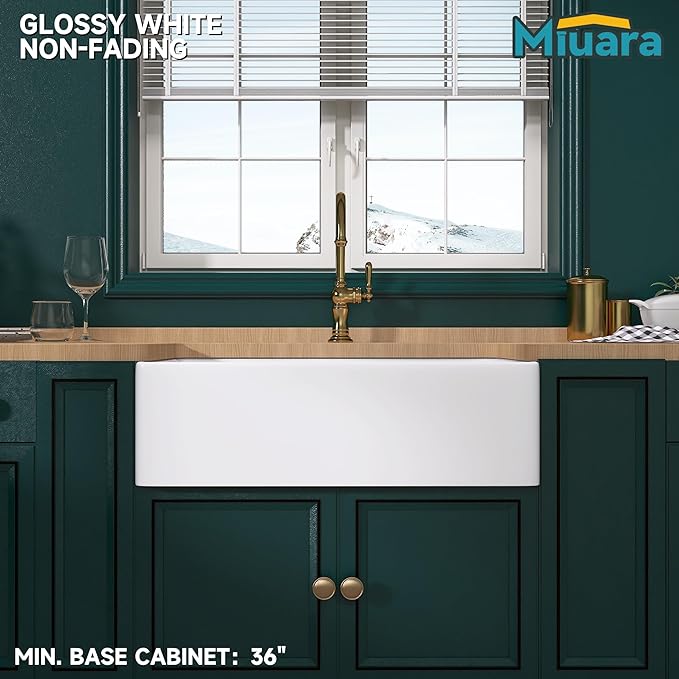 Miuara Farmhouse Sink 33 Inch - White Apron Front Kitchen Sink Reversible 33"x20"x10", Undermount, Farm House Style Large Deep Single Bowl, Heavy Duty Solid Fireclay, Glossy White, for Kitchen