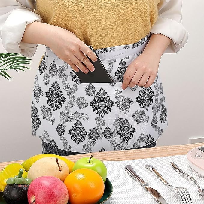 Unisex Chef Waiter Apron Waist Half Short Serving Aprons with 3 Pockets
