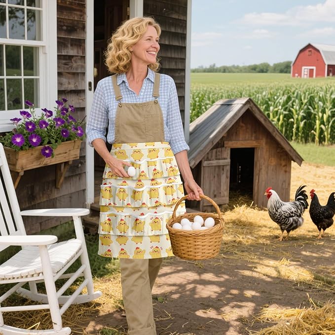 CUTHOLLOW Egg Collecting Apron for Adlut, Housewife, 18 Deep Pockets Hen Egg Gathering Holding Apron with Elastic Closures