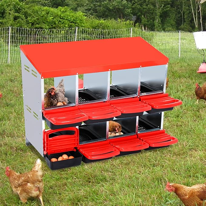 Chicken Nesting Box, 8-Hole Metal Wall Mount Chicken Laying Boxes with Legs and Lid Cover, Easy to Assemble, Roll-Away Egg Design Nesting Boxes for Outdoor Chicken Coop & Farm Yard, Red