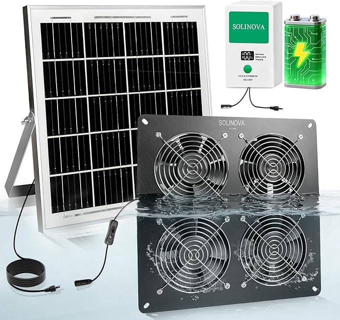 Solar Exhaust Fan, 25W Solar Powered 4-Fan with 7500mAh Battery, 4Pcs IP68 Waterproof Solar Fan, High Speed Solar Powered Exhaust Fan Kit with Bracket for Shed, Chicken Coop, Greenhouse, Dog House