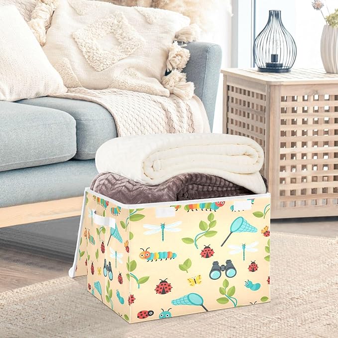 Dragonfly Caterpillar Butterfly Net Storage Bins with LidsBinoculars Leaves Bug Foldable Storage Basket with Handles Collapsible Large Fabric Organizer Containers for Clothes Shelves Closet Off