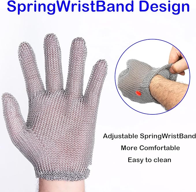 Chainmail Glove for Cutting Meat,Upgrade Spring Wristband,Highest Level Cut Resistant ,Food Grade,Stainless Steel Metal Mesh Gloves,Safety Work Cut Proof Glove for Chef/Butcher Gloves Oyster(M)