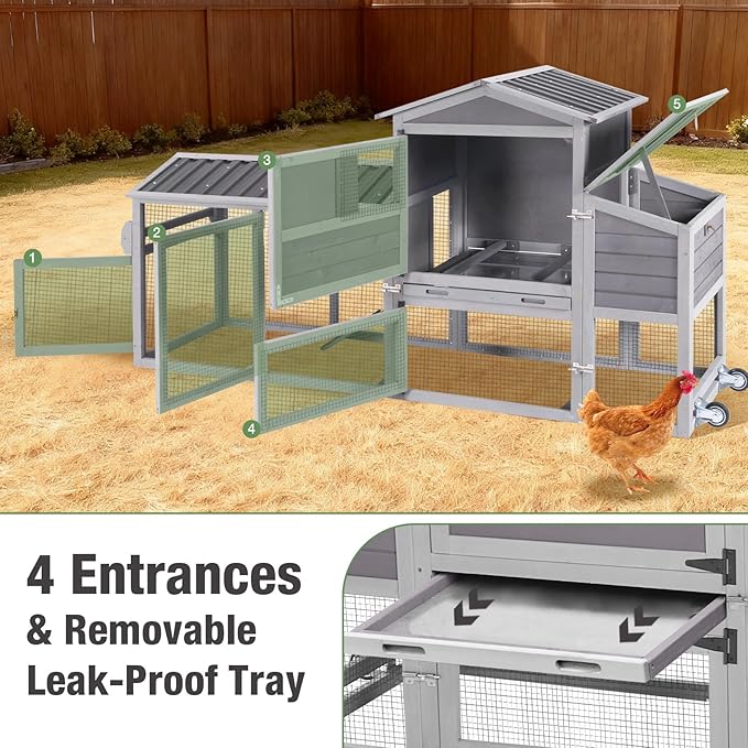 Chicken Coop with Wheels, 80" Mobile Wooden Hen House for 2-4 Chickens, Outdoor Poultry Cage with 2 Nesting Boxes, Waterproof PVC Cover & Pull-Out Tray, Weatherproof Rabbit Hutch for