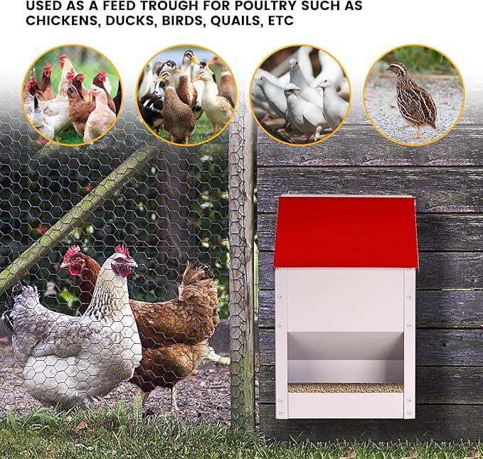 Galvanized Wall Mount Chicken Feeder No Waste Hanging Chicken Feeder with Lid Weatherproof Metal Automatic Poultry Feeder Trough Food Dispenser for Outside Coop (10 lbs)