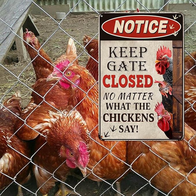 Chicken Gifts for Women Chicken Coop Accessories Chicken Coop Sign Metal Funny Farm Gate Decor Keep Gate Closed Rustic Outdoor Wall Art for Chicken Enthusiasts Lovers
